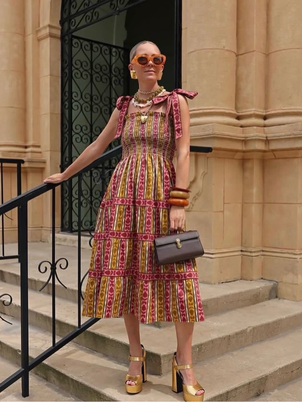 Hill House Sleeveless Tie-Shoulder Midi Dress in Pink and Mustard - Picture 2 of 5